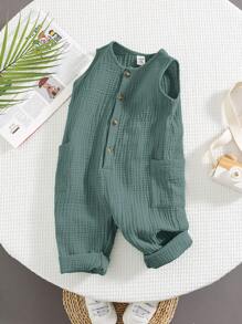 Bubblio Newborn Baby Boy Cute Vacation Casual Versatile Moss Green Gauze Jumpsuit Suitable For Beach, Suitable For Outdoor Play In Summer Baby Jumpsuit Boy Jumpsuit Green Baby Jumpsuit Baby Jumpsuit - Dark Green - View 2