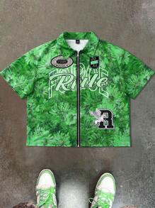 Manfinity EMRG Men's Blue Button-Up Shirt With Sunflower, Letter, Pegasus Graphic, Zip Design - Multicolor - View 1