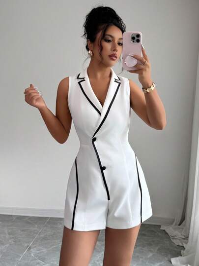 Elenzga Monochrome Color Block Lapel Collar Cinched Waist Romper, Short Jumpsuit For Summer