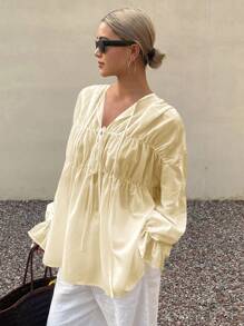 Livesso Nuova camicia da donna con laccetti a fiocco, stile rilassato e casual da spiaggia e resort