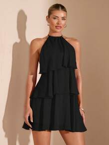 SHEIN BAE 夏季海滩度假纯红色层叠荷叶蛋糕雪纺迷你连衣裙，适合日常约会、夜间外出、夜总会、派对、聚会、鸡尾酒会、泳池派对、返校季服装、学校季连衣裙、节日连衣裙、芭蕾舞裙