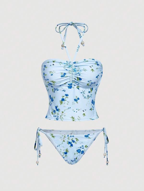 SHEIN MOD Women's Floral Print Halter Drawstring Bikini Set, Sexy Summer Beach