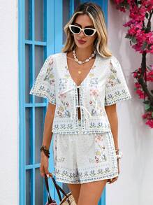 Vivid Eden 2 件套女士度假休闲花卉印花衬衫和短裤套装、女士夏季套装、女士夏装、度假、度假风格、女士花卉印花两件套、女士两件套服装、女士沙滩装、夏季花卉两件套 - 藍色 - 查看 6