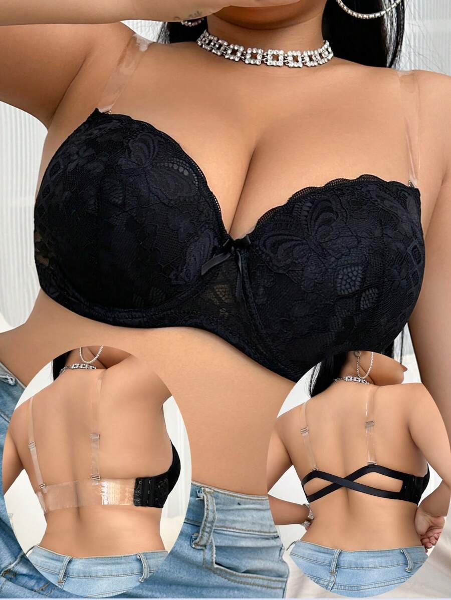 SHEIN 1 件大码女士性感蕾丝文胸，简约时尚隐形后背隐形肩带多穿钢圈文胸 - 黑色 - 查看 1