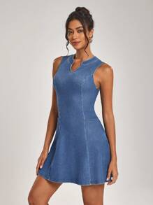 SHEIN Essnce 女式休闲日常口袋腰无袖牛仔连衣裙 - 藍色 - 查看 3