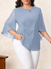 Reflora 大码夏季优雅纯色喇叭袖衬衫