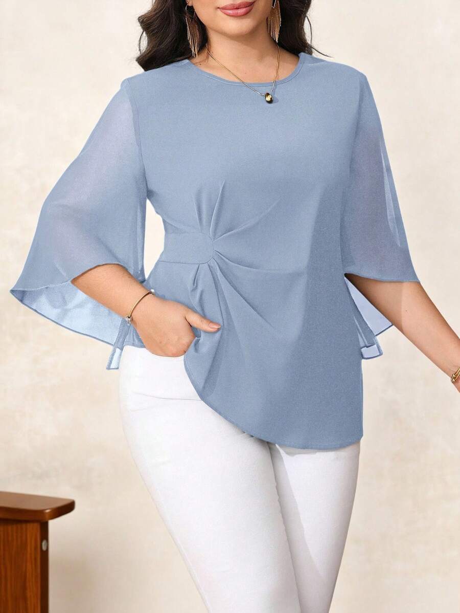 Reflora 大码夏季优雅纯色喇叭袖衬衫