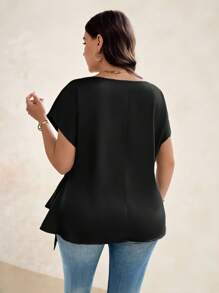 SHEIN Clasi Women Plus Size Summer Solid Color Round Neck Batwing Sleeve Tie-Waist Shirt,Business Casual Woman,Teacher Outfits For Women
