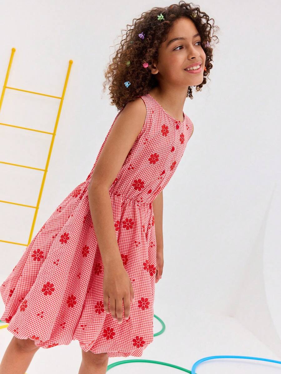 SHEIN Tween Girl Solid Color Round Neck Sleeveless Plaid & Floral Print Casual Dress - Red - View 1