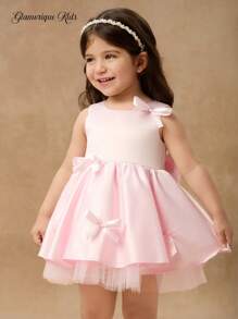 Glamorique Kids 浅粉色缎面花童礼服，丝带蝴蝶结装饰 V 领，优雅高端公主风格，适合婚礼和儿童 - 淺粉色 - 查看 1