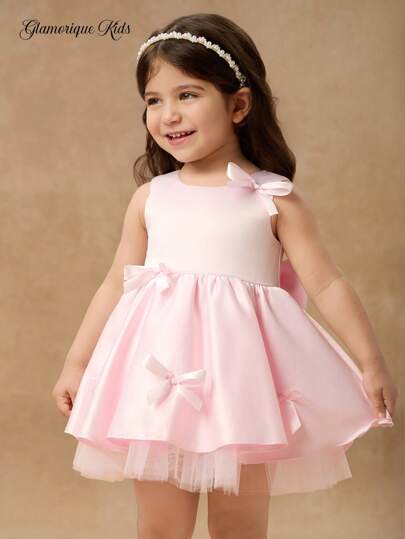 Glamorique Kids 浅粉色缎面花童礼服，丝带蝴蝶结装饰 V 领，优雅高端公主风格，适合婚礼和儿童