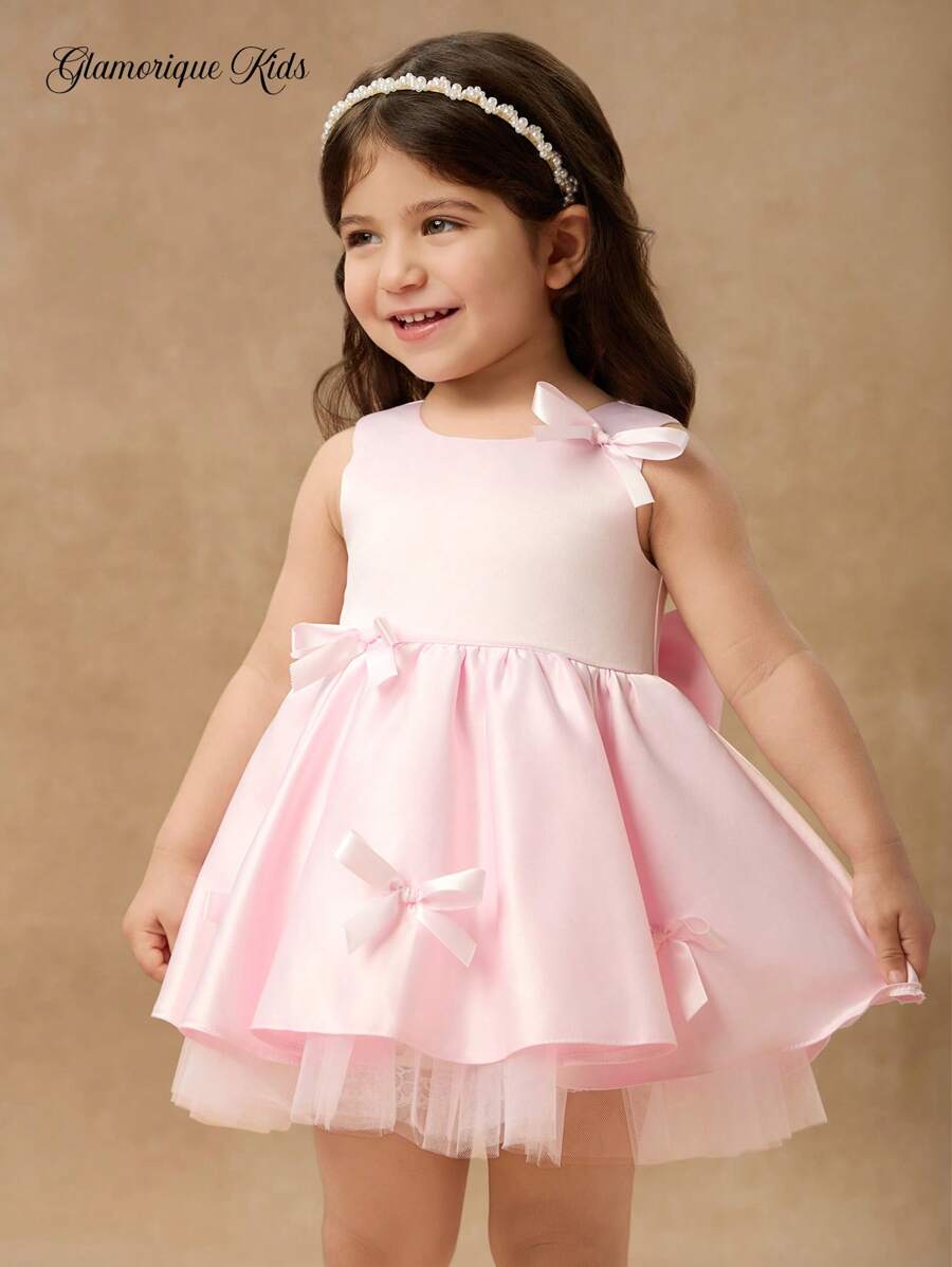 Glamorique Kids 浅粉色缎面花童礼服，丝带蝴蝶结装饰 V 领，优雅高端公主风格，适合婚礼和儿童 - 淺粉色 - 查看 1