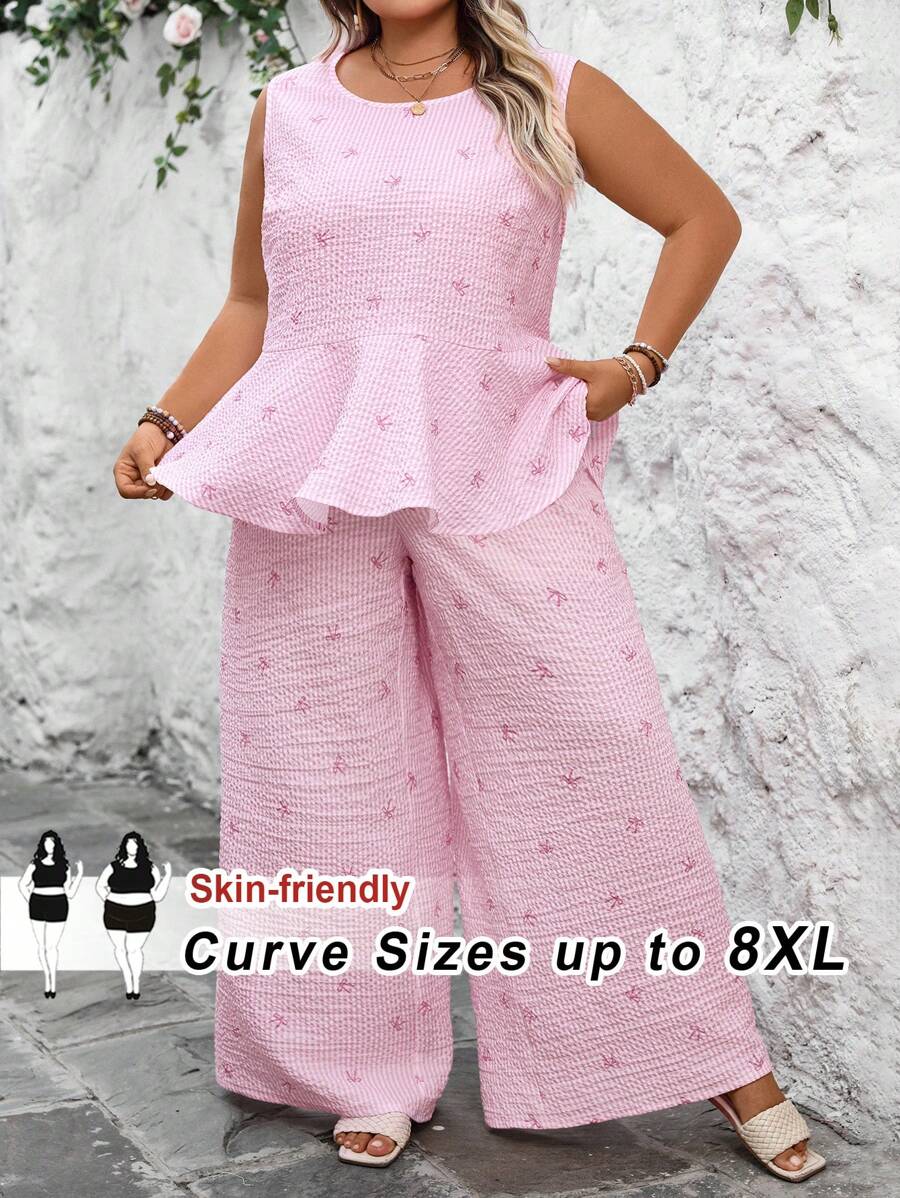 SHEIN CURVE+ 大码休闲条纹蝴蝶结印花吊带背心和裤子套装夏季/乡村/海滩度假装/沙滩装/沙滩装 - 粉色 - 查看 1