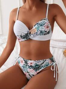 Swim Lushoire Conjunto de traje de baño, diseño de estampado aleatorio, con aros, bikini de flores con push-up y cintura alta, conjunto de bikini de dos piezas