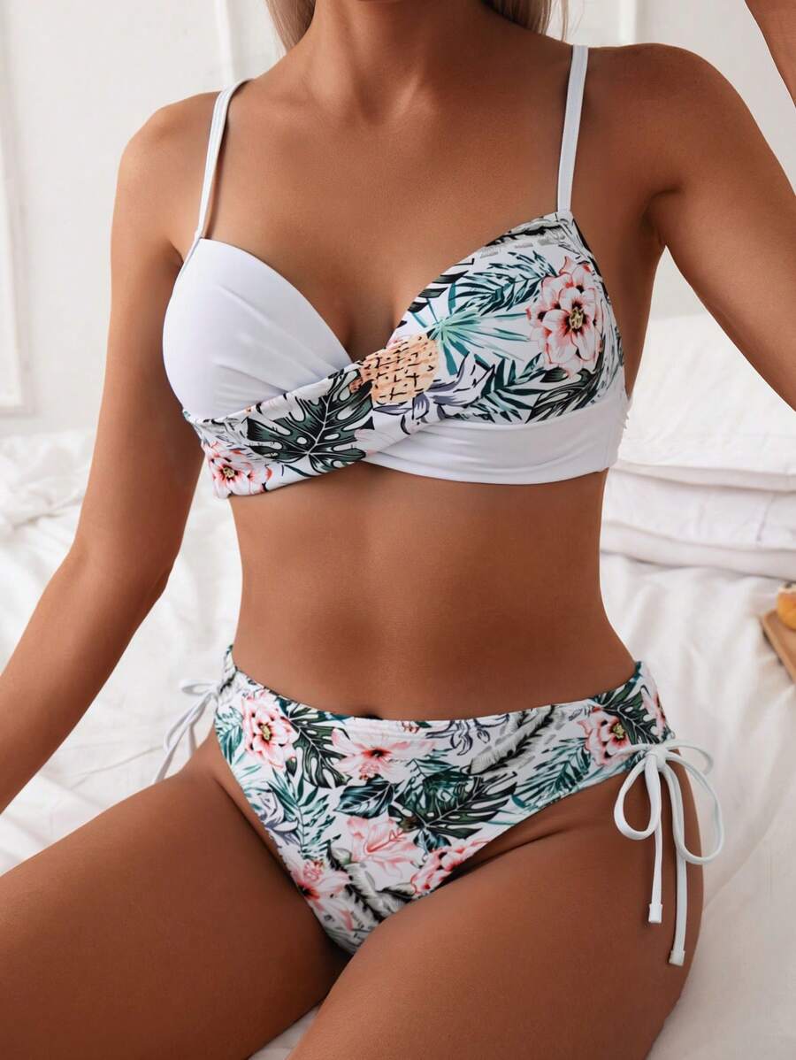 Swim Lushoire Conjunto de traje de baño, diseño de estampado aleatorio, con aros, bikini de flores con push-up y cintura alta, conjunto de bikini de dos piezas