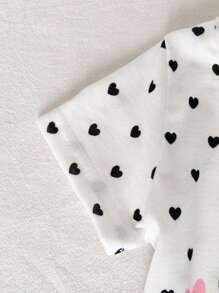 SHEIN Playful Pals 2 件套女婴休闲可爱字母和波尔卡圆点图案圆领短袖上衣和牛仔短裤套装，夏季 - 彩色 - 查看 6