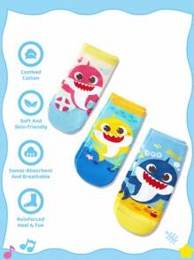 BABY SHARK X SHEIN 3双儿童纯棉可爱卡通海洋图案袜子，加固脚趾和脚跟，耐磨，适合男孩和女孩，适合上学和日常穿着，所有季节 - 彩色 - 查看 3