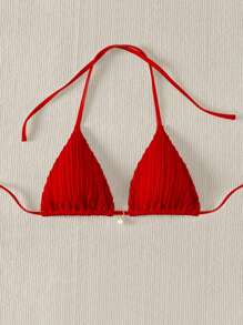 SHEIN Swim 度假海灘純色紋理掛脖紅色比基尼泳衣上衣 夏季款 - 紅色 - 查看 4