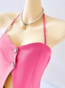 Women's Sexy Front Button Backless Halter Neck Top, Summer - Hot Pink - View 4