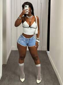 Slaydiva Fashionable Sexy Rhinestone Decorated Women Denim Shorts For Party - Blue - View 8