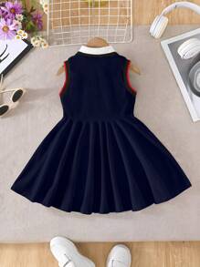 SHEIN 女童时尚休闲马球领无袖高腰A字纯色短下摆刺绣连衣裙