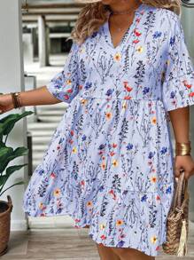 EMERY ROSE Plus Size Women's Summer Floral Branch V-Neck Ruffle Trim Loose Shift Dress - Baby Blue - View 3