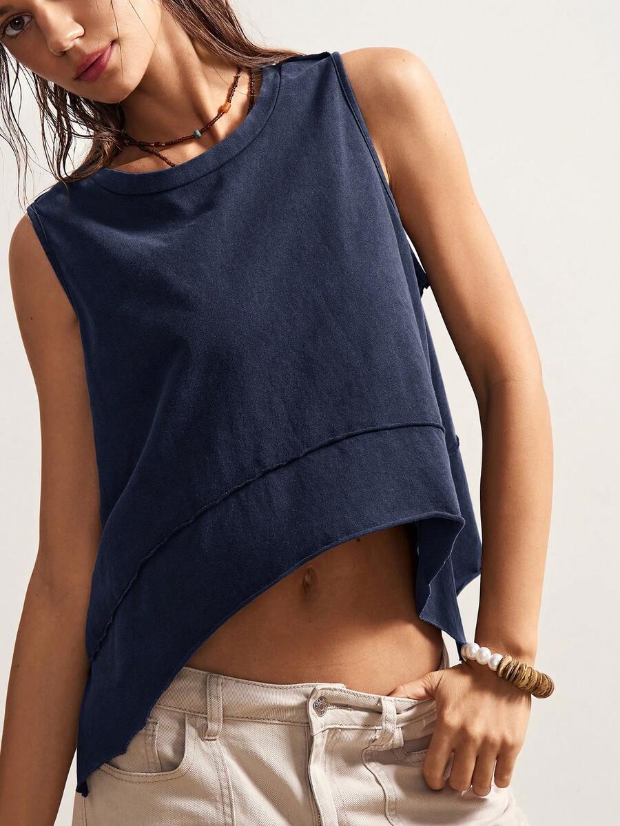 Bohemela Áo ba lỗ màu trơn viền bất đối xứng thường ngày - Màu xanh lam - Xem 1