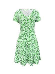 INAWLY 女式休闲V领短袖中长印花连衣裙 - 綠色 - 查看 3