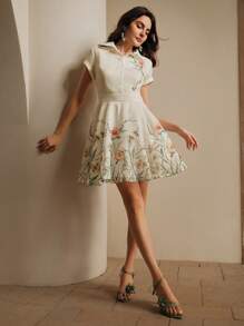 Anewsta Váy sơ mi lưới in hoa tay ngắn một hàng khuy cho nữ, mùa hè - Màu be - Xem 6