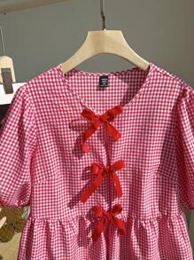 Comfortcana Plus Size Women's Summer Casual Plaid Printed Puff Sleeve Bowknot Peplum Top