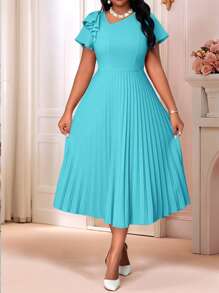 SHEIN Lady Vestidos casuales y elegantes de estilo bohemio para primavera y verano, con cuello redondo, mangas acampanadas con volantes, plisados, de longitud midi, manga corta, tallas grandes, para vacaciones, atuendos de playa, vestido de invitado de boda de playa, vestido de sol, atuendos de primavera para mujeres - Azul menta - Ver 4