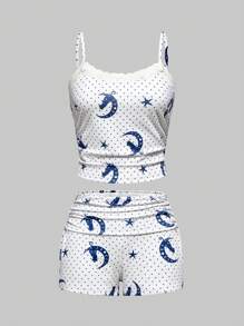 ROMWE Dark Gothic Sun, Moon, Star & Cat Floral Lace Trim Spaghetti Strap Shorts Pajama Set, Casual - White - View 1
