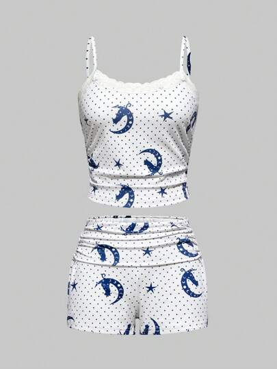 Goth Dark Gothic Sun, Moon, Star & Cat Floral Lace Trim Spaghetti Strap Shorts Pajama Set, Casual