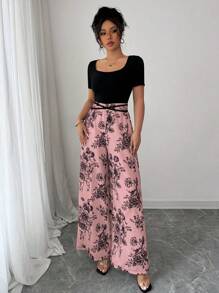 INAWLY Summer Vacation Elegant Square Neck Short Sleeve Crop Top With Splicing Contrasting Floral Wide Leg Pants, Criss-Cross Tie Up Romper For Women
