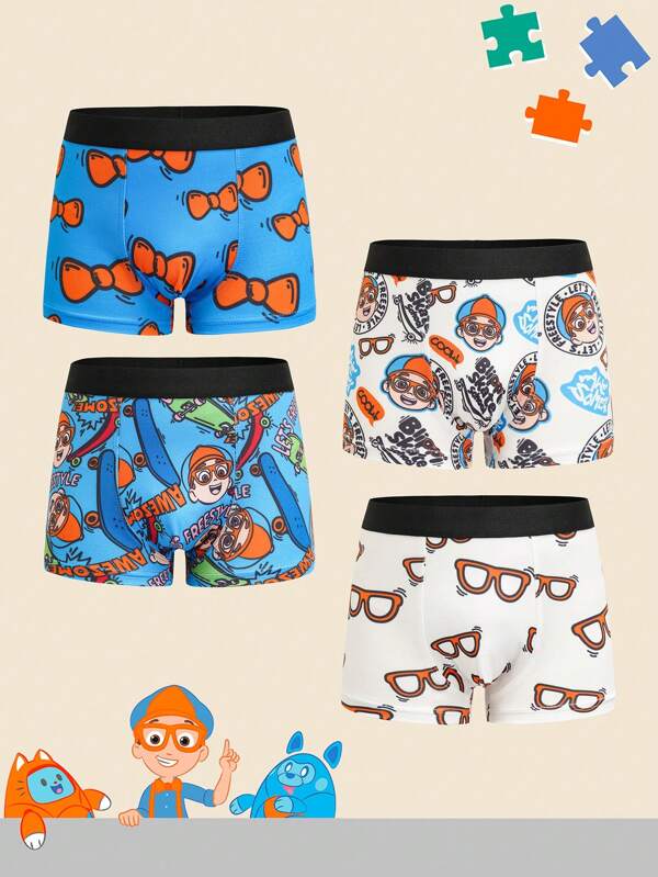 Blippi X SHEIN Paquete de 4 calzoncillos tipo boxer con diseño de estampado de dibujos animados y acabados contrastantes para niños pequeños