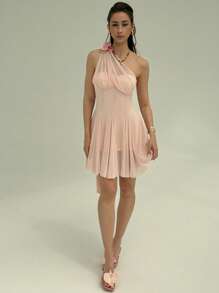 Aloruh Women's Elegant 3D Floral Decor Backless Mini Dress - Pink - View 3
