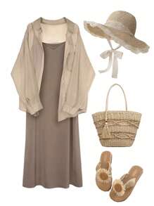 SHEIN LUNE 2 Pieces Set: Plus Size Casual Chiffon Outer Shirt And Knit Camisole Dress - Brown - View 4