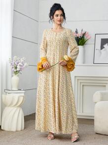 Yasmyna 女士优雅花卉印花泡泡袖褶皱拼接连衣裙，迷人阿拉伯风格，春夏 - 彩色 - 查看 3