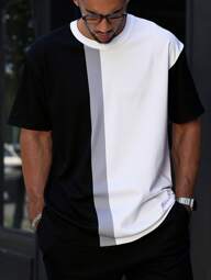 Manfinity Homme Plus Size Men's Casual Colorblock Patchwork T-Shirt, Summer,It Is Great For Couples And Makes An Excellent Gift Idea For Boyfriends Or Husbands.