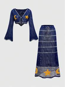 ROMWE Hippie Set de 2 piezas Suéter y falda de punto con bordado de estrella y luna para mujer