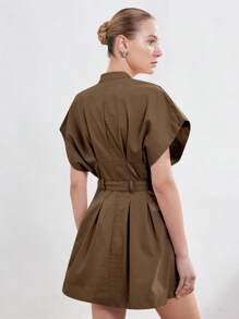 Aveloria Modichic New Women Fashion Minimalist Chic Office Commuter Style Stand Collar Loose Pleated Fit & Flare Dress With Cinched Waist - Coffee - View 6