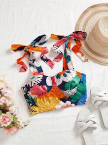 Vivid Eden 女士度假彩色花卉印花系带短款修身吊带背心，女士街头服饰，休闲度假，夏季上衣，母亲节 - 橘色 - 查看 8