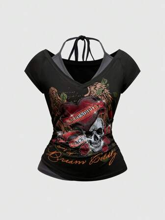 Grunge Punk Vintage Y2K Skeleton Wings & Heart Printed Rhinestone Embellished Mock Two Pieces V-Neck Striped Contrast Color Halter Bowknot T-Shirt For Women