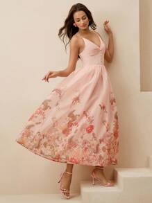 Anewsta Váy dài chữ A nhún eo Cami thanh lịch có họa tiết hoa, thích hợp cho kỳ nghỉ và bãi biển - Hồng - Xem 6