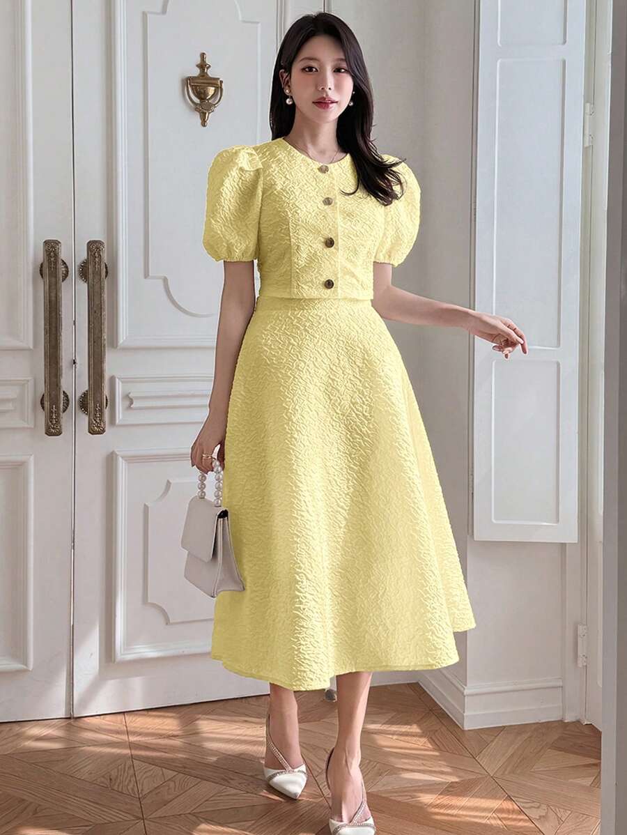 DAZY 2件套女士圆领泡泡袖上衣和裙子套装