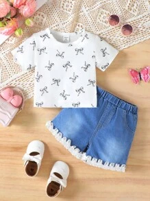 Baby Girl Outfit Set Birthday Girl 2pcs/Set Toddler Girls Casual Cute White Bow Print T-Shirt And Blue Denim Ruffled Shorts Outfit Sets Baby Tees Family Matching Outfits Toddler Girl Cozy Pixies Baby Girl Baby Girl Outfit Little Girl Clothes Baby Beach - Blue - View 3