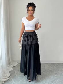 Elenzga Women Floral 3D Decor Ruffle Elegant Skirt Fall Cloth For Women - Black - View 6