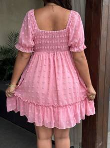 Sunnyshic 优雅的波西米亚风夏季女式太阳裙，纹理人造毛皮波尔卡圆点雪纺泡泡袖喇叭迷你粉色连衣裙，公主风格度假海滩 - 粉色 - 查看 2