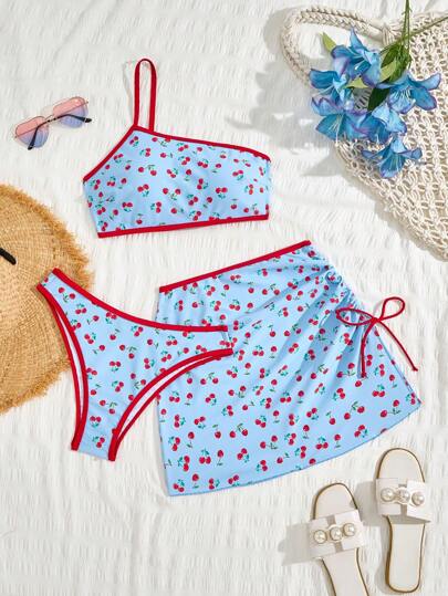 Women's New Fashion Vacation Cute Cherry Colorblock Bow Bikini Sets For Summer