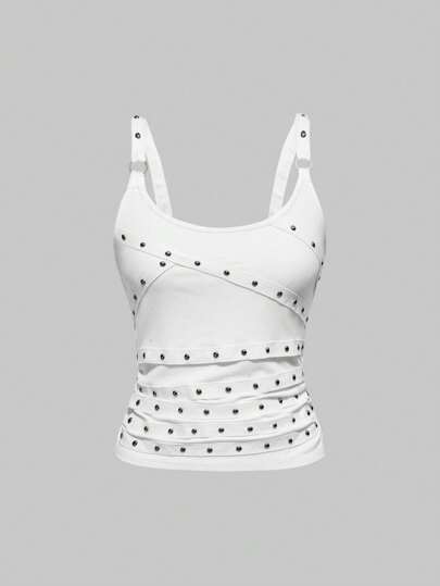 Grunge Punk Camiseta sin mangas con cuello redondo, espalda descubierta, remaches y lentejuelas con lazo, estilo sexy de K-pop, adecuada para verano, playa, graduación, Pascua, conciertos, Nashville, festivales de música